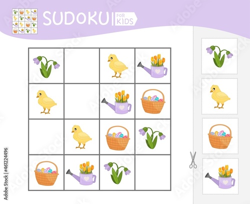 Sudoku game for children with pictures. Kids activity sheet. Easter collection.