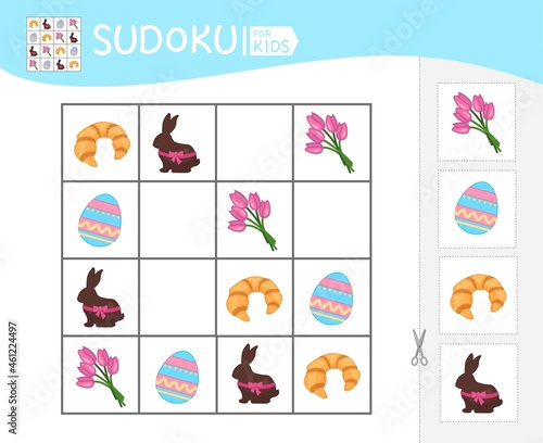 Sudoku game for children with pictures. Kids activity sheet. Easter collection.