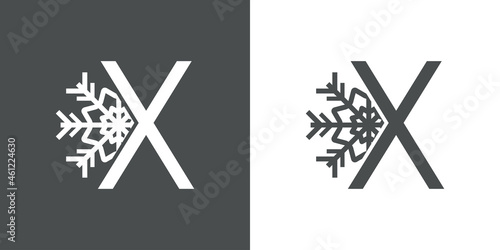 Logotipo letra X con silueta de copo de nieve en fondo gris y fondo blanco