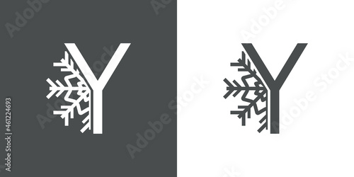 Logotipo letra Y con silueta de copo de nieve en fondo gris y fondo blanco