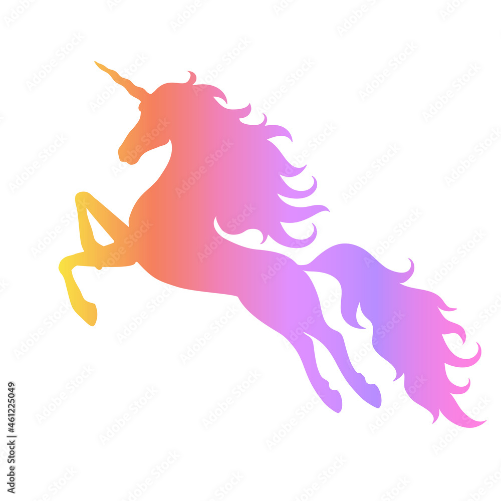 Silhouette of a flying, jumping unicorn. Rainbow silhouette isolated on white background.