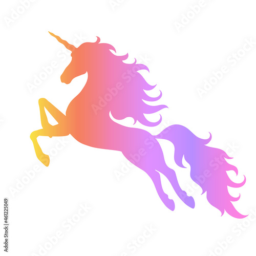 Silhouette of a flying, jumping unicorn. Rainbow silhouette isolated on white background. © Natalia