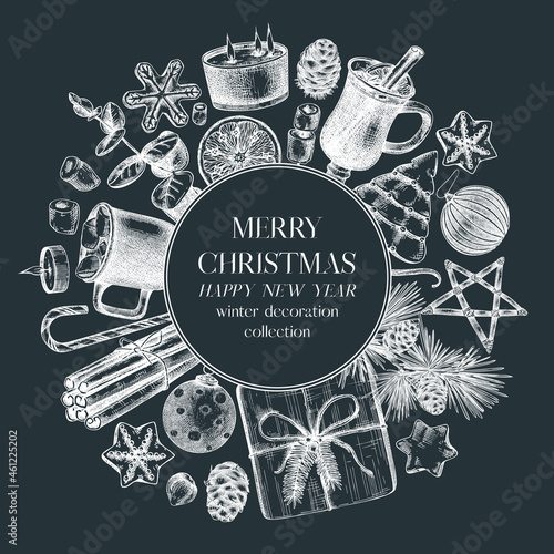 Christmas wreath design on chalkboard. Hand-sketched holiday drawings: tree decoration, traditional sweets and winter plants. Christmas or New Year card or invitation template