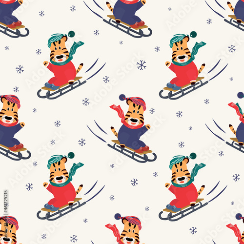 Seamless vector pattern with tiger sledding. Cute illustration for wrapping paper or backgrounds.