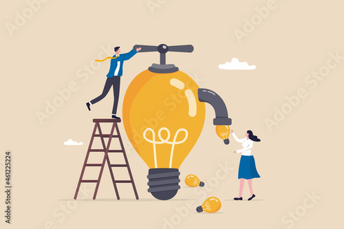 Inspiration ideas, mentorship or coaching to motivate or guidance business solution, creativity and innovation to help grow business concept, businessman manager turn lightbulb valve to provide ideas.