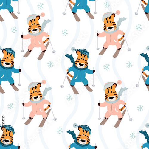 Seamless vector pattern of cute tiger skiing. Sports animal in winter for wrapping paper, background, postcard