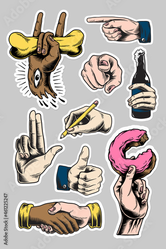 Cool hand gesture sticker with a white border set vector