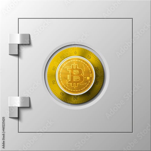 HUD Golden bitcoin armored box. Digital currency steel safe money. Technology bitcoin mining worldwide network. Web banner gold bitcoin combination lock bit coin. Cryptocurrency technology coins money