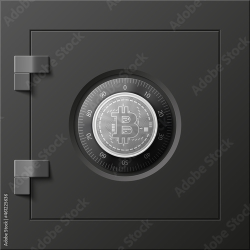 HUD Golden bitcoin armored box. Digital currency steel safe money. Technology bitcoin mining worldwide network. Web banner gold bitcoin combination lock bit coin. Cryptocurrency technology coins money