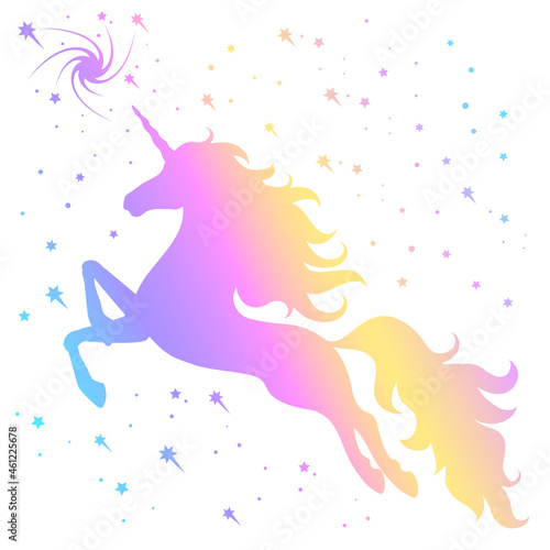 Silhouette of a flying unicorn in the starry sky. Rainbow silhouette.
