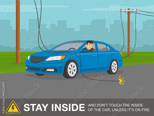 Downed power line safety rule. How to react if a power line falls on your car. Scared male driver is looking from the open window. Flat vector illustration template.