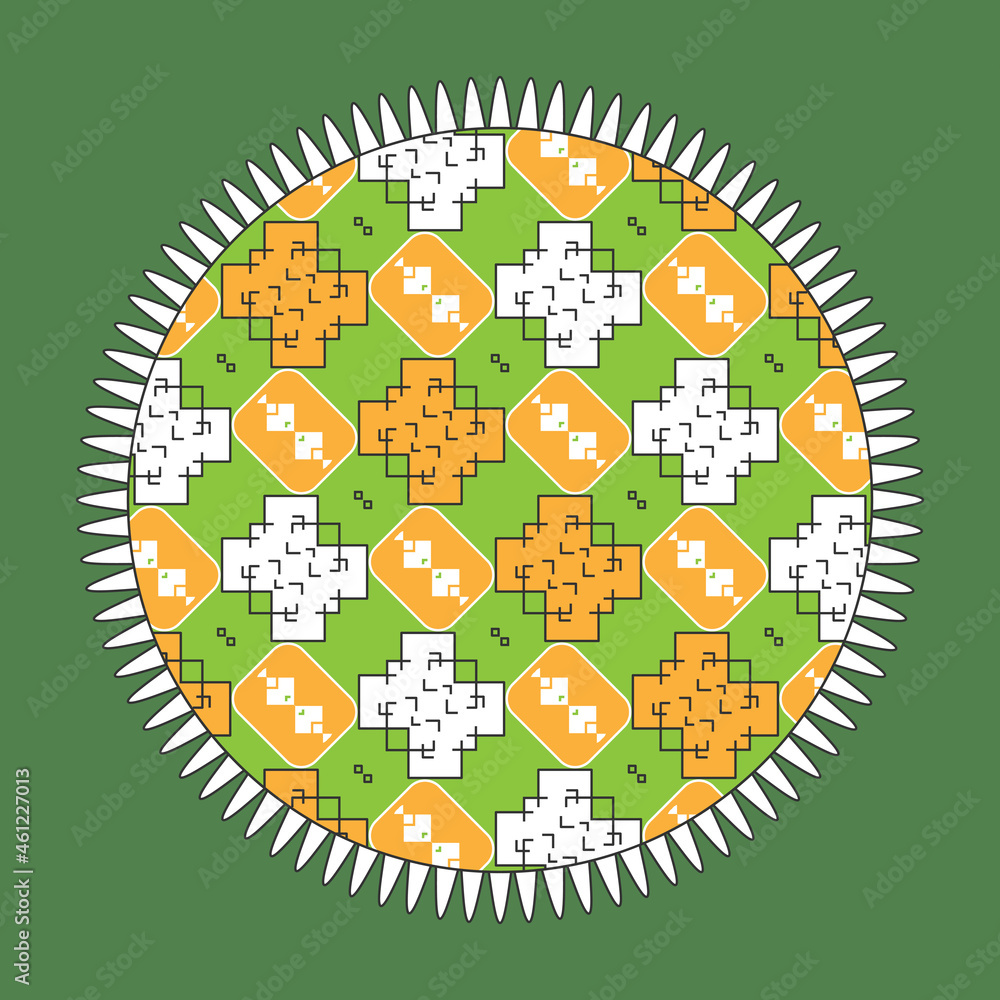 Decorated circle with stylized rays. Yellow-green palette. Vector illustration