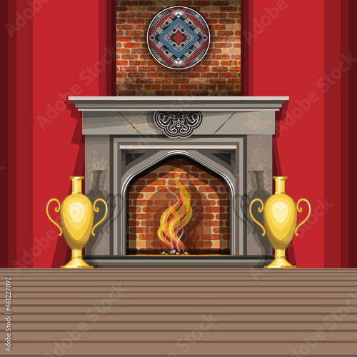Large hall with a burning fireplace, two gold floor vases and a round decorative panel. Vintage interior. Vector illustration