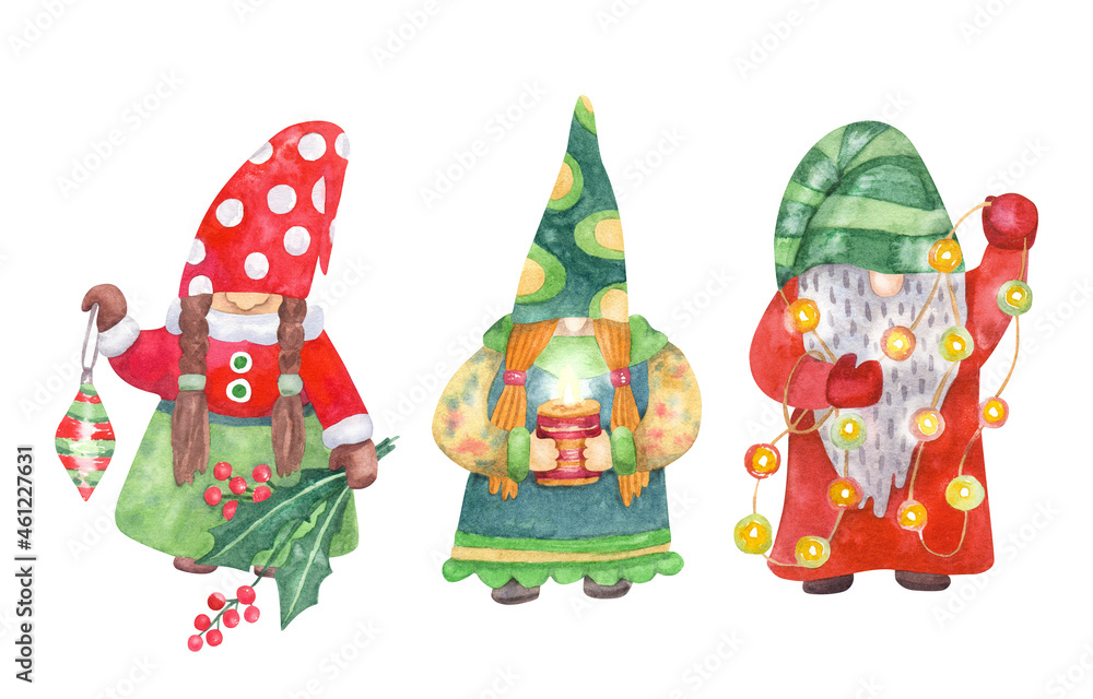 Gnomes with Christmas decorations. Burning candle, garland, bauble and holly plant. Watercolor hand painted illustration isolated on white. Red, green and yellow colors. Great for Xmas cards.