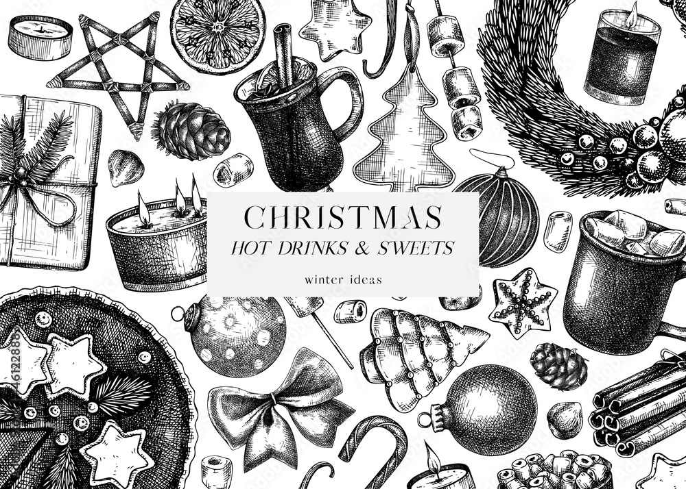 Vintage Christmas banner design. Hand-sketched holiday background with Christmas decoration, traditional sweets and winter. Christmas or New Year card or invitation template - obrazy, fototapety, plakaty 