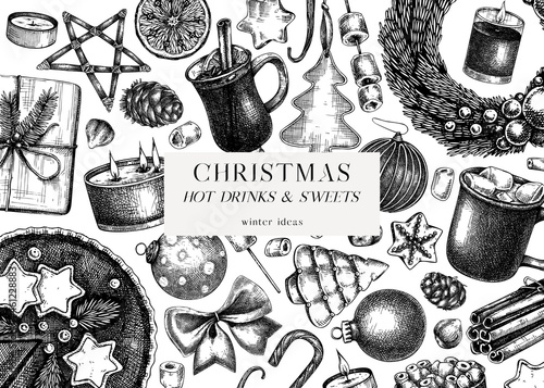 Vintage Christmas banner design. Hand-sketched holiday background with Christmas decoration, traditional sweets and winter. Christmas or New Year card or invitation template