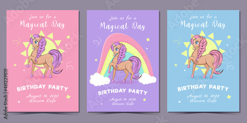 Set of birthday invitation cards with a unicorn and text.