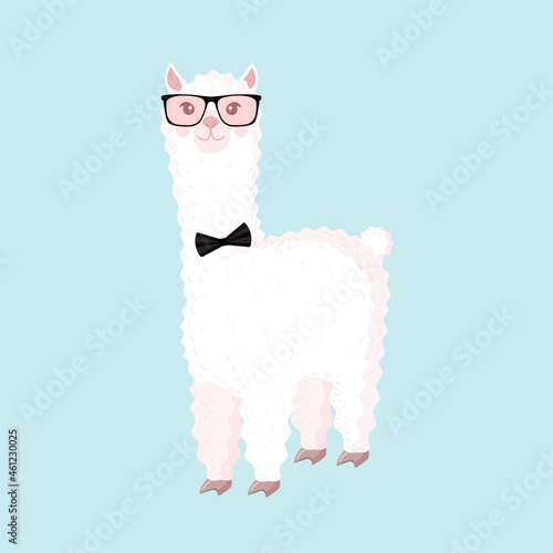 Cool llama or alpaca with a mans bow tie and glasses on a blue background. Vector illustration for baby texture, textile, fabric, poster, greeting card, decor.