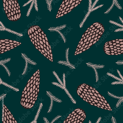 Doodle pattern with fir cones and branches. Emerald green pattern with natural elements