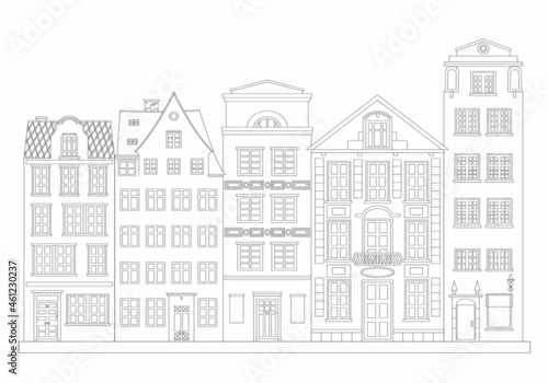Set of different european buildings, houses. West european styled buildings. Coloring book antistress for adults and children. Black and white. Outline style. White background. Vector illustration.