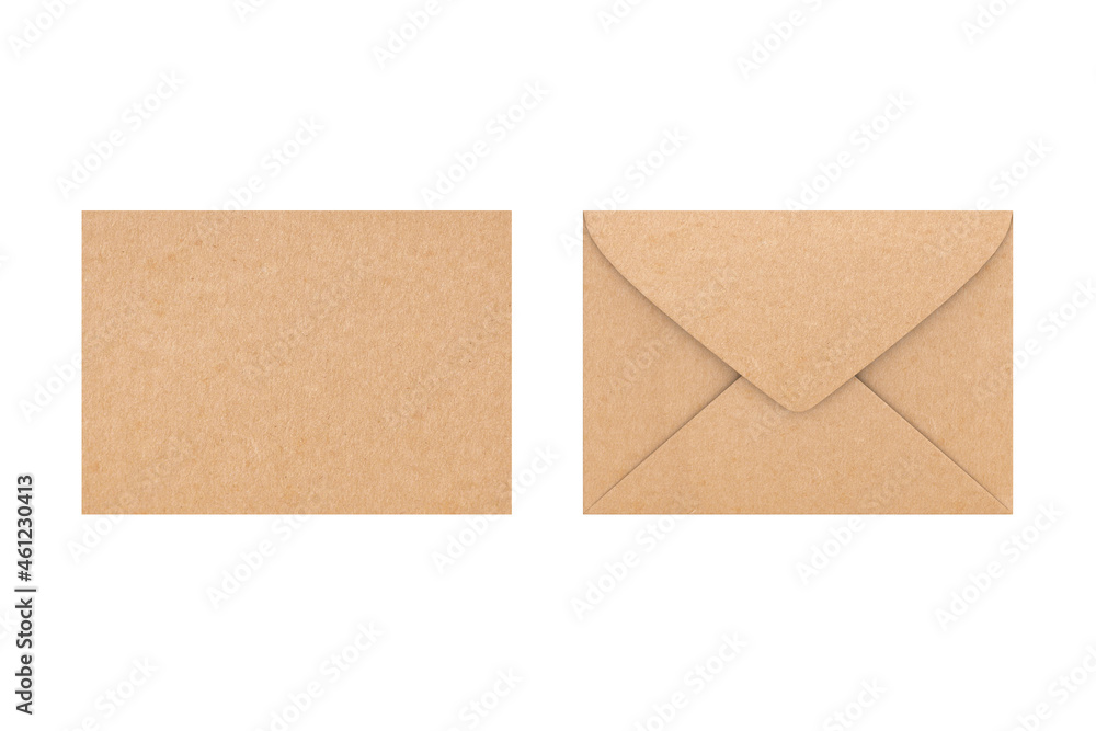 Recycle craft paper envelope with back and font side, on the white background, isolated with clipping mask. top view. 3d render. Recycle craft paper envelope with back and font side, on the white background, isolated with clipping mask. top view. 3d render.