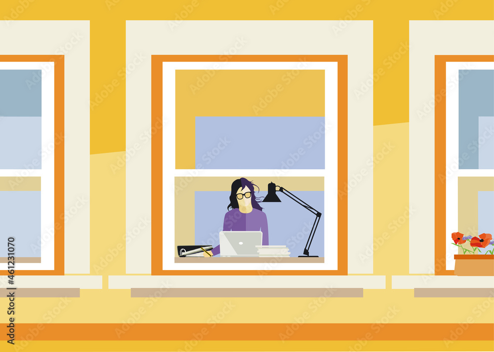 Junge Frau, die zu Hause arbeitet, illustration Junge Frau, die zu Hause arbeitet, illustration