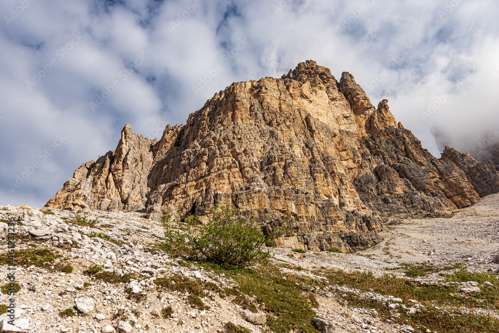 Mountain peaks of the Sesto Dolomites. South rock face of Tre Cime di Lavaredo or Drei Zinnen (three peaks of Lavaredo), UNESCO world heritage site, Trentino-Alto Adige and Veneto, Italy, Europe.