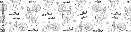 Seamless pattern of mulled wine cocktail in special glass. Hand drawn doodle style vector contour winter christmas holiday background and texture