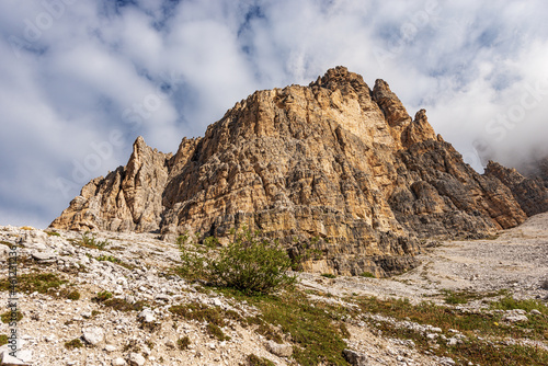 Mountain peaks of the Sesto Dolomites. South rock face of Tre Cime di Lavaredo or Drei Zinnen (three peaks of Lavaredo), UNESCO world heritage site, Trentino-Alto Adige and Veneto, Italy, Europe.