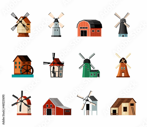 Retro windmills set. Color buildings with blades for grinding flour rustic old design and air powered traditional architecture with water and electric turbine. Vector agriculture flat.