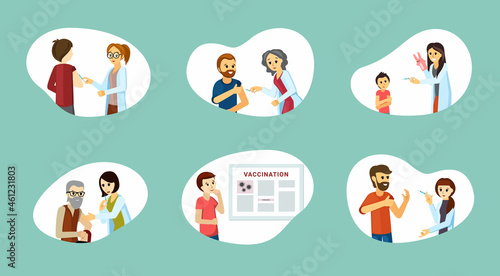 People being vaccinated set. Male and female characters undergo prophylactic injection against coronavirus immunization of population during pandemic with immunoprotection. Vector flat treatment.