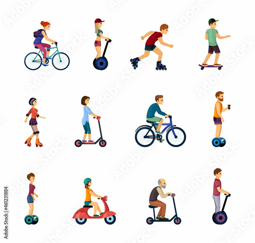 People on ecological transport set. Fun rollerblading and skateboarding rides active male and female characters ride gyroscooters and bicycles around city travel along road. Vector energy sport.