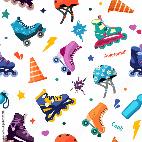 Vintage shoes on rollers seamless pattern. Fun skating fitness with inline jogging retro wheeled boots extreme leisure from 80s and 90s kids and adult sizes in trendy style. Vector derby.