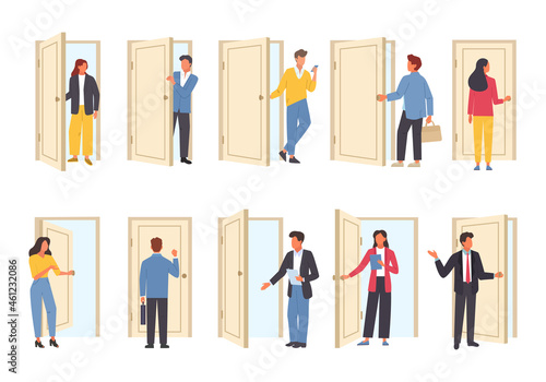 Business people come in and out of doors set. Daily work and life office characters come to job hr manager invites candidate for interview business woman walks into meeting. Cartoon vector.