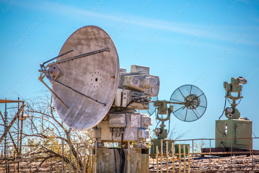 Antenna at the spaceport. The tracking center at the Baikonur ...