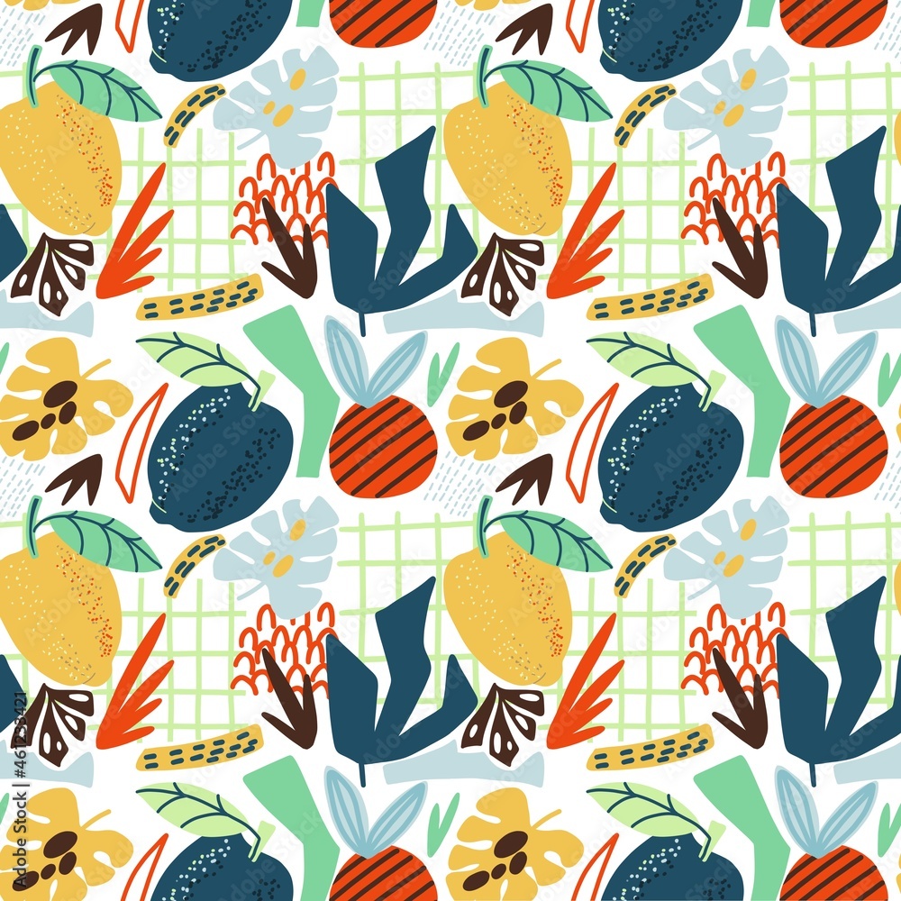 Bright tropical pattern with plants, cage, lemon, leaves, abstract elements. For fabric, packaging, wallpaper, website.