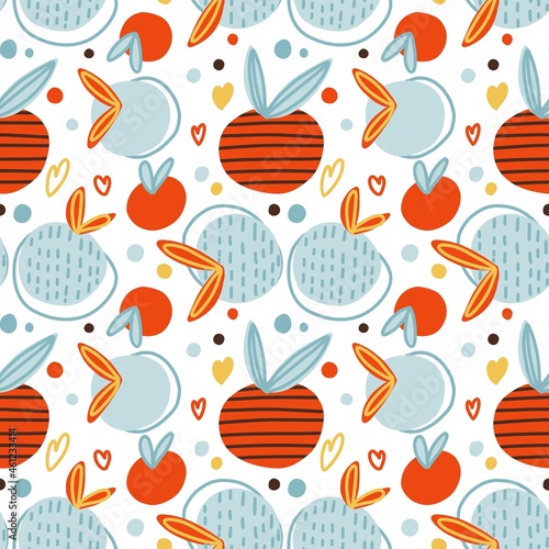 Abstract seamless pattern of berries, leaves, hearts, lines in the style of doodles. For textiles, packaging, wallpaper, website