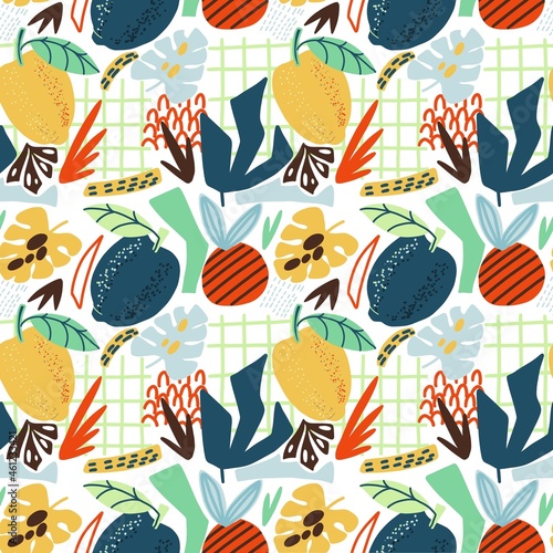Bright tropical pattern with plants, cage, lemon, leaves, abstract elements. For fabric, packaging, wallpaper, website.