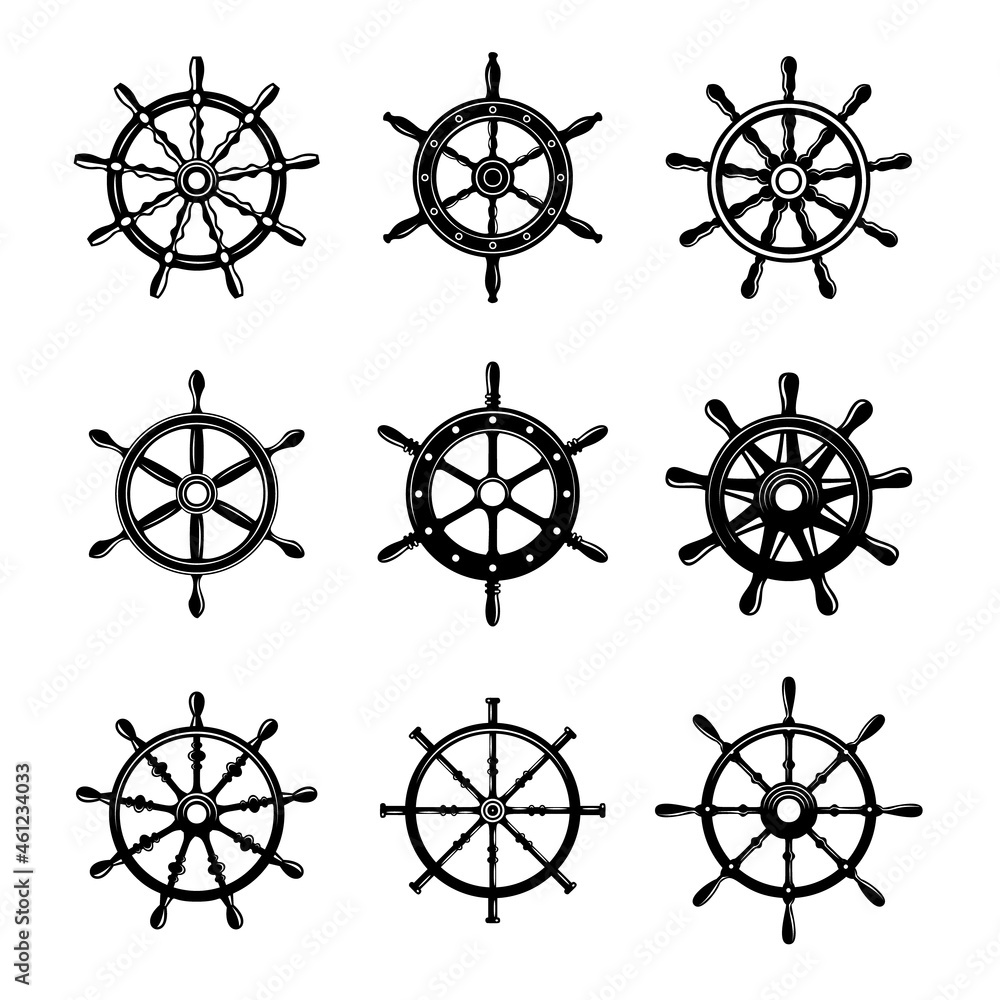 Set of illustrations of ship wheel. Design element for logo, label, sign, emblem, poster. Vector illustration Set of illustrations of ship wheel. Design element for logo, label, sign, emblem, poster. Vector illustration