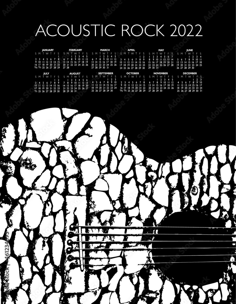Acoustic rock 2022 music calendar and background with space for your
