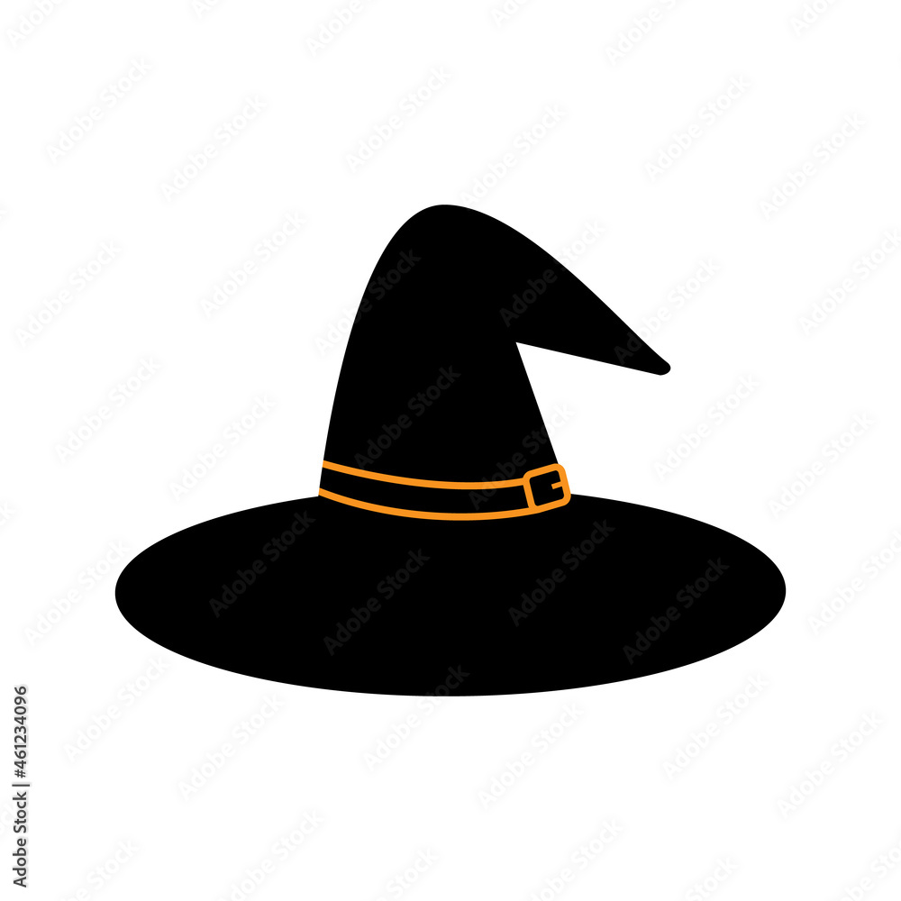 Black witch hat with buckle isolated on white background. Halloween