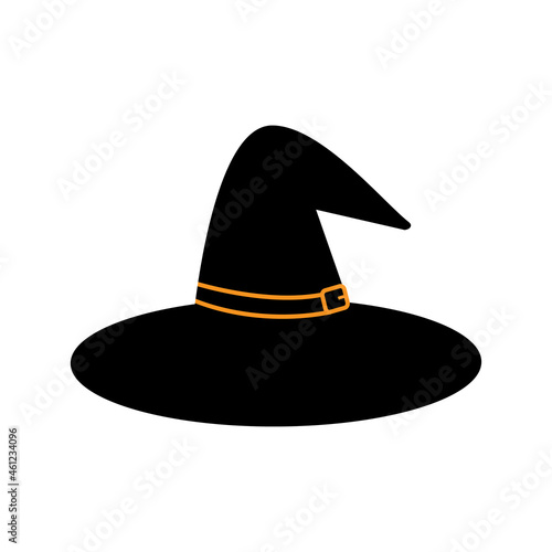 Black witch hat with buckle isolated on white background. Halloween clipart of sorceress cap and wizard hat. Cartoon icon and symbol of witchcraft, flat vector illustration