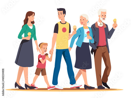 Family generations walk together on a weekend