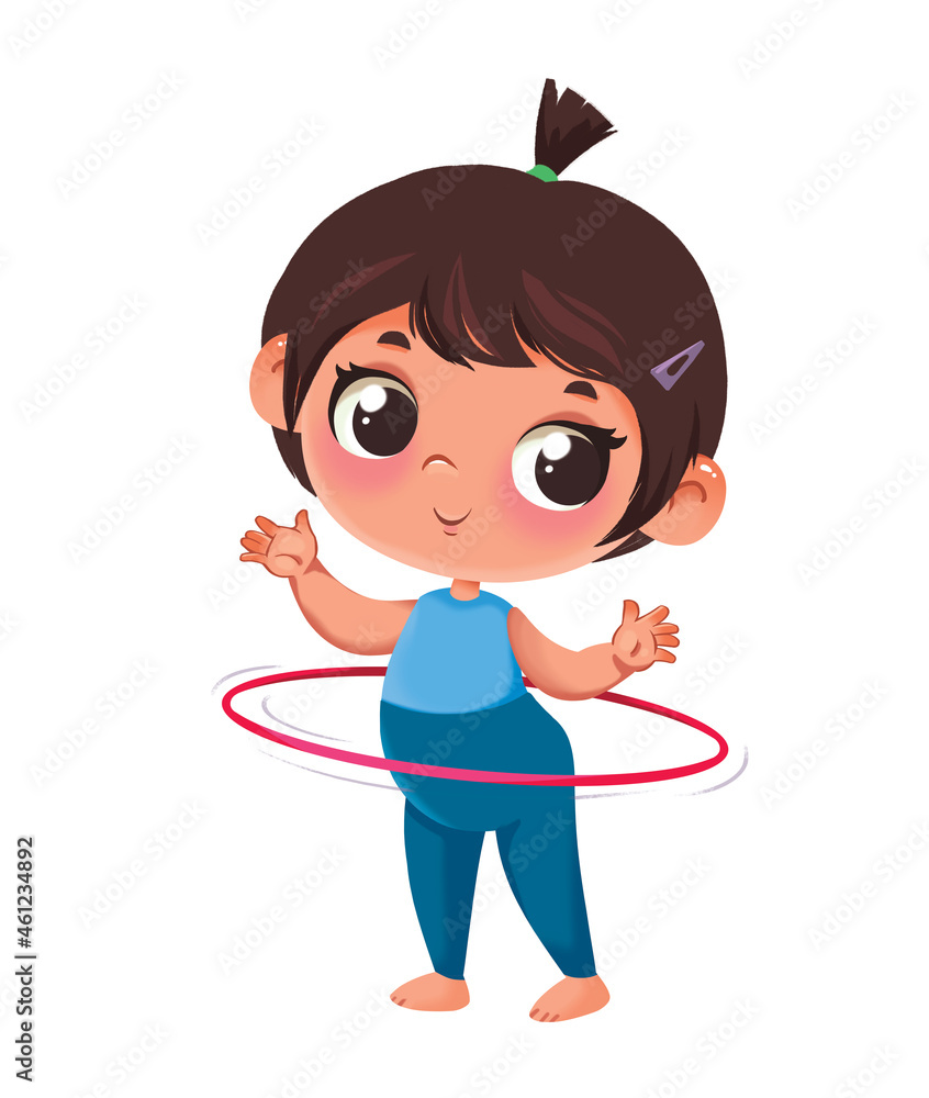 Girl baby cute little newborn in a sports uniform twists hula hoop hoop. Children's sport gymnastics. Early development of the baby. Illustration in cartoon style. Girl baby cute little newborn in a sports uniform twists hula hoop hoop. Children's sport gymnastics. Early development of the baby. Illustration in cartoon style.