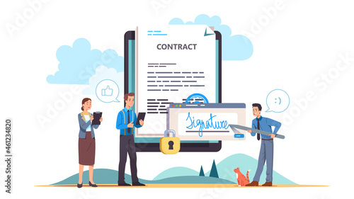 Business colleagues signing safe online contract 