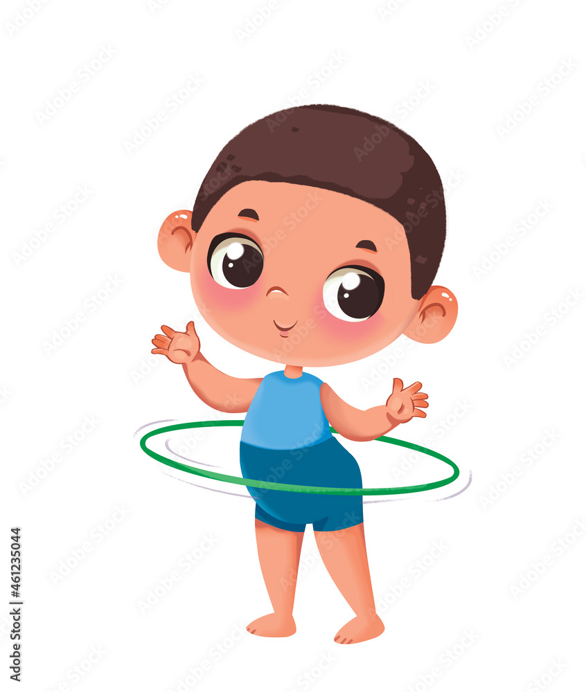 Cute little newborn boy in a sports uniform twists a hula hoop hoop. Children's sport gymnastics. Early development of the baby. Illustration in cartoon style. Cute little newborn boy in a sports uniform twists a hula hoop hoop. Children's sport gymnastics. Early development of the baby. Illustration in cartoon style.