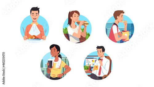 Men, women having lunch meal, snack break food set