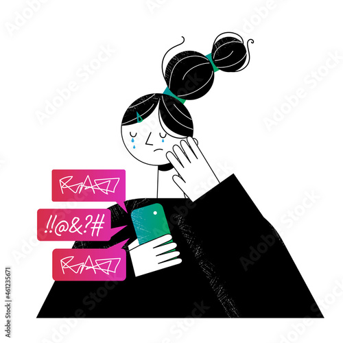 Cyber bullying in social networks and online abuse concept. The girl feels anxious about the bullying, cries and holds her face 
