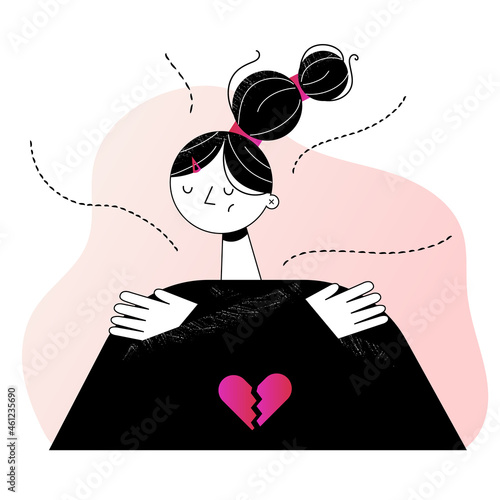 Concept of mental health problems, inner conflict, self-rejection and hatred. The girl is holding herself, does not know where to go. 