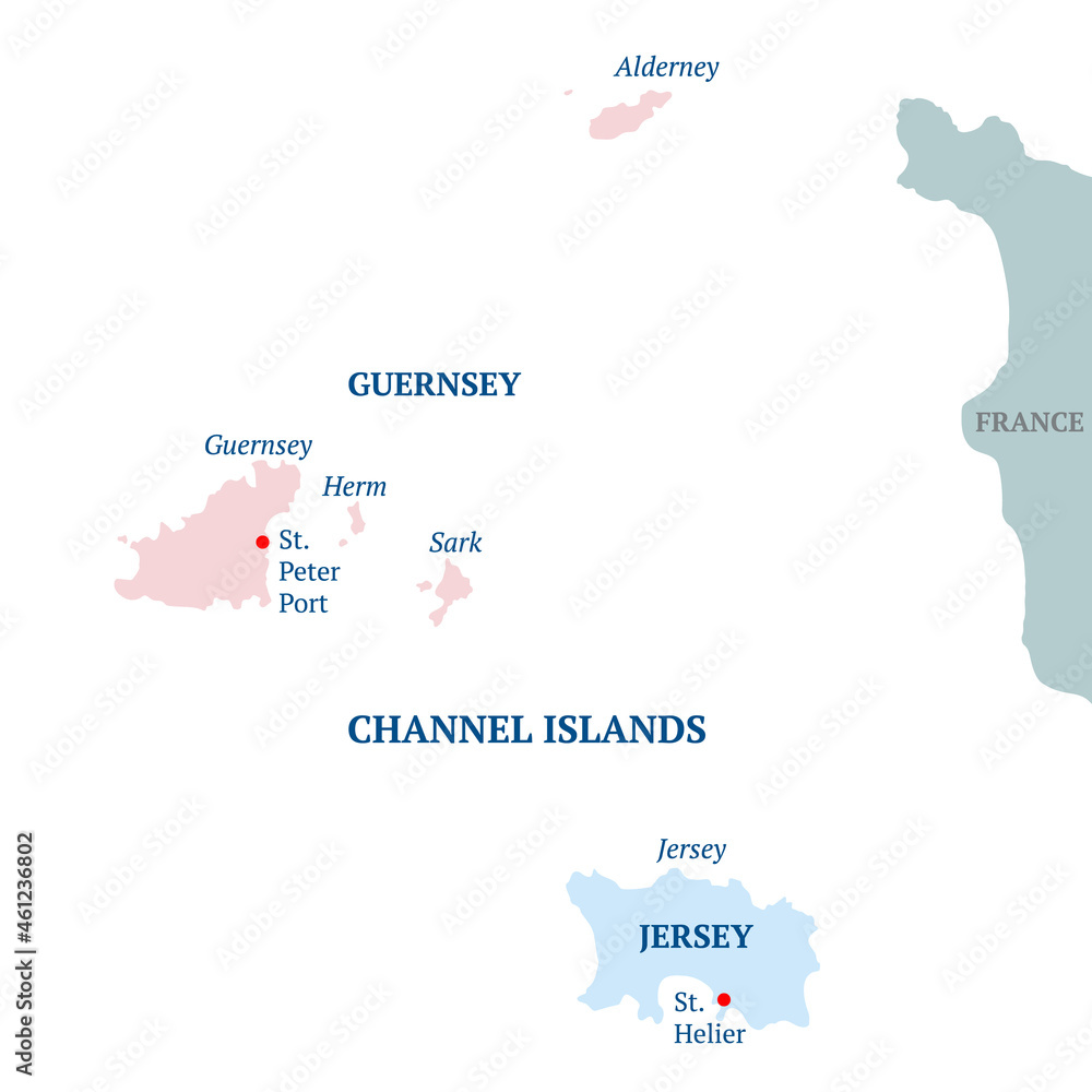 Channel Islands vector political map. Bailiwick of Guernsey and Bailiwick  of Jersey with capitals. Archipelago off the French coast. All isolated on  white background. Vector illustration Stock Vector | Adobe Stock